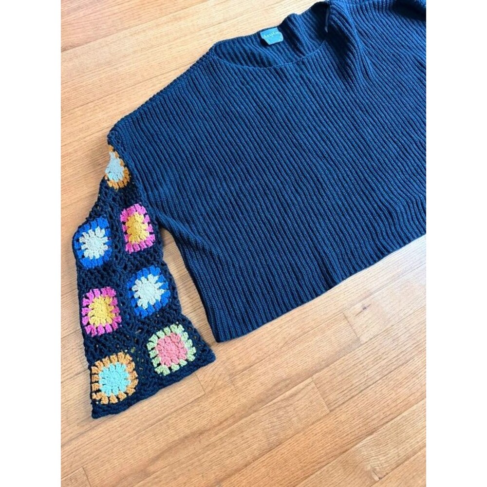 Arula Black Ribbed Sweater Granny Square Crochet Sleeve Boho Retro Top Size X